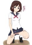  1girl bangs blue_eyes blush breasts brown_hair female ichihisa kneeling no_panties onjouji_toki peeing pussy saki saki_achiga-hen school_uniform serafuku shoes short_hair skirt skirt_lift socks solo spread_legs squatting translation_request uncensored 