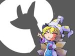  :3 animal_ears blonde_hair closed_eyes fox_shadow_puppet fox_tail hat long_sleeves multiple_tails pillow_hat shadow_puppet shinapuu short_hair smile solo tail touhou wide_sleeves yakumo_ran 