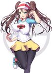  :d alternate_breast_size black_legwear blue_eyes bouncing_breasts breasts brown_hair covered_nipples double_bun hat impossible_clothes impossible_shirt large_breasts legwear_under_shorts long_hair mei_(pokemon) nagase_haruhito open_mouth pantyhose pokemon pokemon_(game) pokemon_bw2 raglan_sleeves shirt shoes shorts smile solo thighs twintails visor_cap 