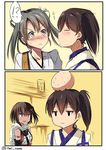  2koma 3girls blush brown_hair comic commentary_request grey_hair hair_ribbon head_bump japanese_clothes jitome kaga_(kantai_collection) kantai_collection multiple_girls nose_blush ponytail ribbon sendai_(kantai_collection) short_hair side_ponytail sweat tai_(nazutai) twintails white_ribbon yuri zuikaku_(kantai_collection) 