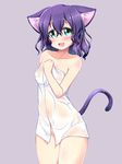  :d animal_ears blush breasts cat_ears cat_tail cyan_(show_by_rock!!) green_eyes highres looking_at_viewer matatabi_(2ccp) medium_breasts naked_towel open_mouth purple_background purple_hair see-through short_hair show_by_rock!! simple_background smile solo tail towel wet 
