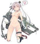 1girl :&lt; akitsushima_(kantai_collection) anchor breasts crane damaged earrings h8k headgear jewelry kantai_collection kneeling leg_garter machinery military mini_hat nipples nude official_art one_eye_closed photoshop pussy seaplane shizuma_yoshinori side_ponytail silver_eyes silver_hair solo thigh_strap thighhighs torn_clothes torn_thighhighs turret uncensored 