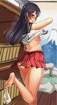  8gou agano_(kantai_collection) ass bare_arms bare_legs barefoot between_toes black_hair blurry blush breasts changing_room depth_of_field from_behind green_eyes kantai_collection long_hair looking_at_viewer looking_back medium_breasts midriff mount_fuji onsen panties panties_around_toe pleated_skirt school_uniform serafuku sideboob skirt solo toe_grab toes underwear undressing 