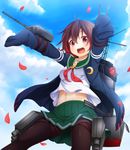  absurdres brown_hair cloud crescent day flower highres kantai_collection mutsuki_(kantai_collection) navel open_mouth pantyhose petals remodel_(kantai_collection) school_uniform serafuku short_hair sky sleeves_past_wrists smile solo wakagi_repa 