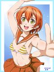  :d abriel00 arm_up armpits bangs bikini blush border breasts covered_nipples cowboy_shot dated foreshortening green_eyes hair_between_eyes happy hoshizora_rin love_live! love_live!_school_idol_project navel open_mouth orange_hair outstretched_arm pleated_skirt sailor_collar short_hair signature skirt small_breasts smile solo striped striped_bikini swimsuit 