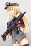  assault_rifle ayyh bad_id bad_pixiv_id bismarck_(kantai_collection) black_panties blonde_hair blue_eyes elbow_gloves g36 g36k gloves gun hat heckler_&amp;_koch highres kantai_collection long_hair no_pants open_mouth panties rifle solo thighhighs underwear weapon 