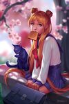  bishoujo_senshi_sailor_moon blonde_hair blue_eyes blue_sailor_collar blurry cat cherry_blossoms depth_of_field double_bun flower food food_in_mouth highres juuban_middle_school_uniform licking_paw long_hair luna_(sailor_moon) mouth_hold realistic ribbon robyn_lau sailor_collar school_uniform serafuku signature sitting solo toast toast_in_mouth tsukino_usagi very_long_hair 