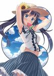  armpits blue_eyes breasts dress food fruit hat hyuuga_azuri long_hair looking_at_viewer mouth_hold navel original popsicle small_breasts solo sun_hat twintails watermelon 