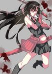  absurdres akame akame_ga_kill! bare_shoulders black_hair black_legwear blood blood_splatter hair_between_eyes highres katana long_hair midriff navel red_eyes saisarisu skirt sleeveless solo sword vambraces very_long_hair weapon 