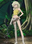  1girl bare_shoulders blonde_hair earrings jewelry long_hair mujin_wakusei_survive navel screencap single_glove solo standing stitched whip zilba 
