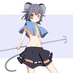  :c animal_ears breasts capelet cato_(monocatienus) dowsing_rod frown grey_hair looking_at_viewer mouse_ears mouse_tail navel nazrin red_eyes see-through skirt small_breasts solo tail topless touhou 