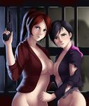  asymmetrical_docking bangs black_hair blue_eyes bottomless breast_press breasts brown_eyes claire_redfield gun handgun hood hood_down hooded_jacket jacket long_hair moira_burton multiple_girls naked_coat no_bra nose out-of-frame_censoring parted_bangs parted_lips pistol ponytail red_hair resident_evil resident_evil_revelations_2 short_hair small_breasts swept_bangs thor_(deep_rising) torn_clothes torn_jacket weapon 