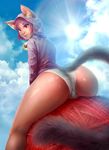  1girl animal_ears ass bell bell_collar cat_ears cat_tail catgirl cloud clouds collar from_behind hood looking_at_viewer looking_back neko original outdoors panties perspective pink_hair red_eyes sitting sky smile solo sun tail trefoil underwear yarn yuqoi 