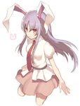  animal_ears blush bunny_ears kikugetsu lavender_hair long_hair looking_at_viewer necktie puffy_sleeves red_eyes red_neckwear reisen_udongein_inaba shirt short_sleeves simple_background skirt smile solo touhou white_background 