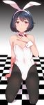  animal_ears bad_id bad_pixiv_id black_hair bow bowtie bulge bunny_boy bunny_ears bunnysuit checkered checkered_floor detached_collar highres kyuuso_inukami male_focus original otoko_no_ko pantyhose red_eyes short_hair solo wrist_cuffs 