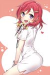  :d alternate_hairstyle blush bow from_side gloves hair_bow hair_ornament hairclip heart looking_at_viewer love_live! love_live!_school_idol_project mechanical_pencil nishikino_maki nurse open_mouth pencil purple_eyes red_hair sitting smile solo stethoscope white_gloves yuran 