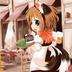  absurdres alcohol alternate_costume animal_ears apron beer beer_mug black_forest_cake brown_eyes brown_hair cafe cake cat_ears cat_tail chair chen cherry cup food from_behind fruit german_clothes gingerbread_cookie hair_ribbon hairband highres holding holding_cup jewelry kurumai looking_at_viewer looking_back multiple_tails open_mouth outdoors restaurant ribbon short_hair short_sleeves single_earring slice_of_cake solo table tail tile_floor tiles touhou tray waist_apron waitress 