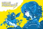  2girls blush bow bowl drill_hair english eyes_closed head_fins long_sleeves looking_at_another minigirl monochrome multiple_girls needle open_mouth profile short_hair simple_background smile spot_color sukuna_shinmyoumaru text touhou wakasagihime wide_sleeves yellow_background yt_(wai-tei) 