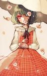  blush bow english flower green_hair kazami_yuuka parasol plaid plaid_skirt plaid_vest short_hair skirt solo title touhou umbrella vest yujup 