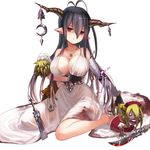  antenna_hair bandages black_gloves black_hair blood blood_stain bloody_clothes bloody_dress breast_hold breasts cleavage danua doll draph dress fingerless_gloves fur_trim gloves granblue_fantasy gretel_(granblue_fantasy) hair_between_eyes hansel_(granblue_fantasy) horn_ornament horns jewelry knife large_breasts long_hair necklace pendant pointy_ears red_eyes simple_background sitting solo uro_(uro_zi) wariza white_background white_dress 