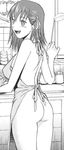  1girl apron ass blush breasts cooking denkichi fate/stay_night fate_(series) female from_behind indoors kitchen ladle large_breasts matou_sakura monochrome naked_apron open_mouth smile solo standing 