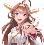  ahoge bare_shoulders breasts brown_hair detached_sleeves double_bun fingernails hair_ornament hairband headgear highres kantai_collection kongou_(kantai_collection) long_hair medium_breasts nontraditional_miko open_mouth outstretched_hand purple_eyes simple_background smile solo tr-6 upper_body white_background 