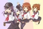  :d akatsuki_(kantai_collection) anchor_symbol black_hair black_legwear black_skirt blue_eyes brown_hair commentary_request flat_cap flying_sweatdrops folded_ponytail hair_ornament hairclip hat hibiki_(kantai_collection) ikazuchi_(kantai_collection) inazuma_(kantai_collection) kantai_collection kotanu_(kotanukiya) long_hair long_sleeves multiple_girls open_mouth panties panties_under_pantyhose pantyhose pleated_skirt ponytail school_uniform serafuku short_hair silver_hair skirt skirt_pull smile thighhighs underwear white_panties 