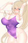  arms_up blonde_hair blush breasts cleavage covered_navel huge_breasts inayama long_hair one-piece_swimsuit open_mouth original ponytail sweat swimsuit very_long_hair 