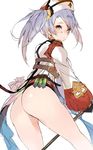  ass bad_id bad_twitter_id cross cross_earrings dutch_angle earrings from_behind granblue_fantasy hat highres jewelry leaning_forward looking_back magaeshi no_panties silver_hair simple_background sketch solo sophia_(granblue_fantasy) staff twintails white_background yellow_eyes 