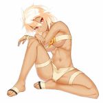  belt beltbra blonde_hair blush breasts cape_removed dark_skin guilty_gear guilty_gear_xrd hat hat_removed headwear_removed kuroshiro_(ms-2420) large_breasts looking_at_viewer navel ramlethal_valentine red_eyes short_shorts shorts simple_background sitting solo spread_legs thigh_strap underboob white_background 