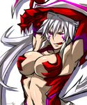  1girl alternate_form amaha_masane armpits arms_up artist_request black_sclera breasts claws cleavage female large_breasts licking_lips navel pink_eyes solo tongue tongue_out white_hair witchblade 