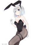  alternate_costume animal_ears bare_shoulders blue_eyes breasts bunny_ears bunny_tail bunnysuit gloves hair_ornament hair_over_one_eye hairclip hamakaze_(kantai_collection) ica kantai_collection medium_breasts pantyhose short_hair silver_hair simple_background solo tail 