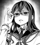  adjusting_eyewear asanagi bad_id bad_twitter_id commentary disgust glasses greyscale hairband inactive_account kantai_collection long_hair long_sleeves monochrome ooyodo_(kantai_collection) scowl solo upper_body 