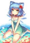  aqua_eyes bad_id bad_twitter_id blue_hair blush choker cirno collarbone dress flower hair_flower hair_ornament ice ice_wings looking_at_viewer miya_(tokumei) partially_submerged petals short_hair solo touhou v_arms wings 