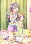  :d ^_^ barefoot bloomers bow brown_hair brushing_another's_hair closed_eyes colored_stripes emia_wang fluffy_legwear hair_bow hair_brushing hands_together kneeling koizumi_hanayo long_hair looking_down loungewear love_live! love_live!_school_idol_project minami_kotori multicolored multicolored_stripes multiple_girls on_bed one_side_up open_mouth polka_dot pom_pom_(clothes) purple_eyes seiza short_hair shorts sitting smile socks striped striped_legwear stuffed_animal stuffed_toy underwear v_arms wool 