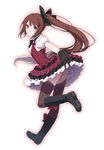  black_bow black_gloves boots bow brown_hair brown_legwear frilled_skirt frills full_body gloves gothic_wa_mahou_otome hair_bow ichi_niichi knee_boots lolita_fashion long_hair official_art outstretched_hand ponytail ranun_(gothic_wa_mahou_otome) red_eyes running skirt smile solo thighhighs transparent_background very_long_hair 