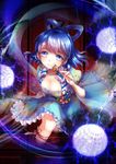  blue_eyes blue_hair breasts cleavage energy_ball frilled_skirt frills hagoromo hair_ornament hair_rings hair_stick highres kaku_seiga keroyon leg_ribbon light_trail looking_at_viewer medium_breasts ofuda ribbon shawl short_hair short_sleeves skirt smile solo through_wall touhou wall_panel 