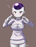  bald bald_girl blueberry_(5959) blush breasts cleavage cleavage_cutout dragon_ball dragon_ball_z frieza genderswap genderswap_(mtf) large_breasts long_sleeves looking_at_viewer meme_attire open-chest_sweater open_mouth purple_eyes ribbed_sweater simple_background solo sweater turtleneck 
