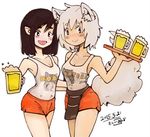  alcohol alternate_costume alternate_hairstyle animal_ears armpits bare_shoulders beer blush breasts cleavage dated hooters inubashiri_momiji jpeg_artifacts kishiinu medium_breasts multiple_girls no_hat no_headwear no_legwear open_mouth pointy_ears shameimaru_aya shirt shorts signature simple_background sleeveless smile tail touhou white_background wolf_ears wolf_tail 