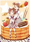  birthday_cake brown_eyes brown_hair cake dress food futami_ami futami_mami highres idolmaster idolmaster_(classic) multiple_girls no_socks one_eye_closed open_mouth short_hair siblings side_ponytail sisters smile twins umino_mokuzu_(shizumisou) 