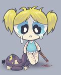  absurdres bad_id bad_pixiv_id blonde_hair blood blue_eyes boxcutter bubbles_(ppg) commentary_request crying crying_with_eyes_open highres injury messy_hair nightgown powerpuff_girls sanjiro_(tenshin_anman) sleepwear solo stuffed_animal stuffed_toy tears twintails 