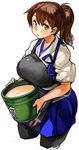  bauxite black_legwear blush breasts brown_hair bucket cropped_legs holding japanese_clothes kaga_(kantai_collection) kantai_collection large_breasts long_hair looking_at_viewer muneate no_legwear pantyhose sachito side_ponytail simple_background solo white_background yellow_eyes 