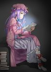  aqua_eyes bow crossed_legs hair_bow hat long_hair patchouli_knowledge purple_hair pyz_(cath_x_tech) reading sitting solo tablet_pc touhou 