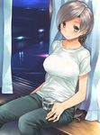  aaru_(tenrake_chaya) breasts casual chitose_(kantai_collection) contemporary denim highres jeans jewelry jpeg_artifacts kantai_collection large_breasts pants ponytail ring shirt sitting solo t-shirt 