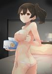  alternate_costume ass bed bikini blush breasts brown_eyes brown_hair covered_nipples kaga_(kantai_collection) kantai_collection large_breasts looking_at_viewer micro_bikini shin_(new) short_hair side-tie_bikini side_ponytail solo swimsuit tissue_box white_bikini 