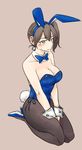  alternate_costume animal_ears bow bowtie brown_eyes brown_hair bunny_ears bunny_tail bunnysuit detached_collar fishnet_pantyhose fishnets kaga_(kantai_collection) kantai_collection pantyhose ponke short_hair side_ponytail sitting solo tail wariza wrist_cuffs 