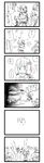  4girls :o admiral_(kantai_collection) blush border close-up face greyscale haguro_(kantai_collection) hair_ribbon highres kantai_collection long_sleeves lr_hijikata monochrome multiple_girls parted_lips ribbon shaded_face shimakaze_(kantai_collection) shinkaisei-kan simple_background speech_bubble spot_color sweatdrop talking triangle_mouth whorled_clouds wo-class_aircraft_carrier yuudachi_(kantai_collection) 
