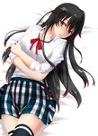  bed black_hair blue_eyes blush hair_ribbon highres kiko_(okuwae) long_hair lying plaid plaid_skirt ribbon school_uniform skirt solo thighhighs yahari_ore_no_seishun_lovecome_wa_machigatteiru. yukinoshita_yukino zettai_ryouiki 