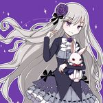  black_bow bow bunny cravat flower frills gothic_lolita gothic_wa_mahou_otome hair_bow hair_flower hair_ornament lolita_fashion loloi_(gothic_wa_mahou_otome) long_hair purple_background purple_eyes purple_flower purple_rose razi rosalie_(gothic_wa_mahou_otome) rose skirt smile solo very_long_hair white_hair 