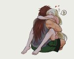  1boy 1girl barefoot brown_hair charging commentary couple english_commentary eyes_closed full_body green_hair green_shorts grey_background grey_shirt heart highres hug long_hair original pink_pajamas reef shirt shorts simple_background spoken_battery very_long_hair 